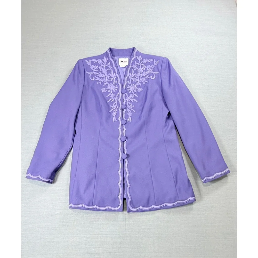 VTG Leslie Fay Petite Purple Skirt Suit Floral Embroidered 2 Piece Set 8P